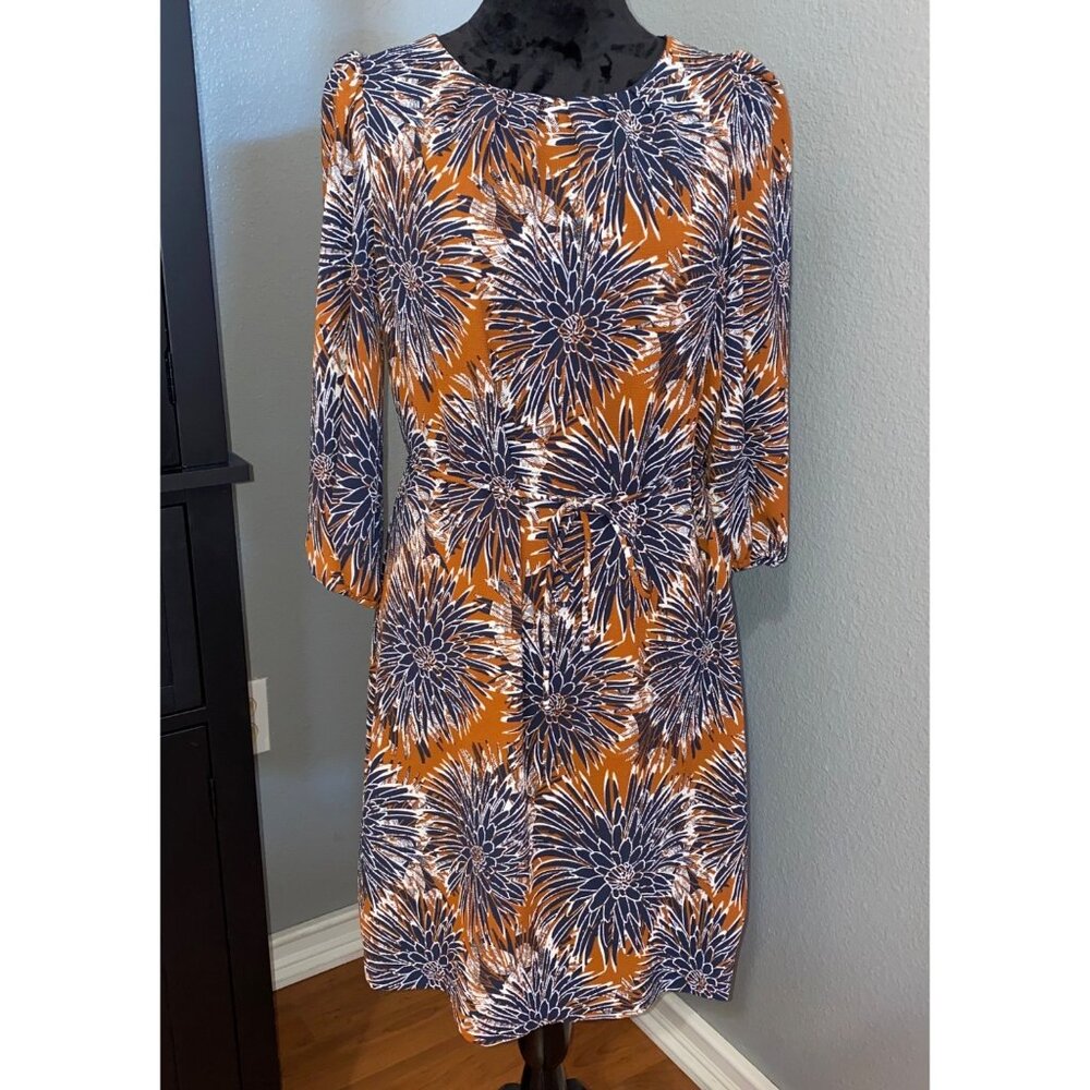 H&M Dress Size 8 Floral Print Brown Blue Knee Length 3/4 Sleeves Boho Retro Chic